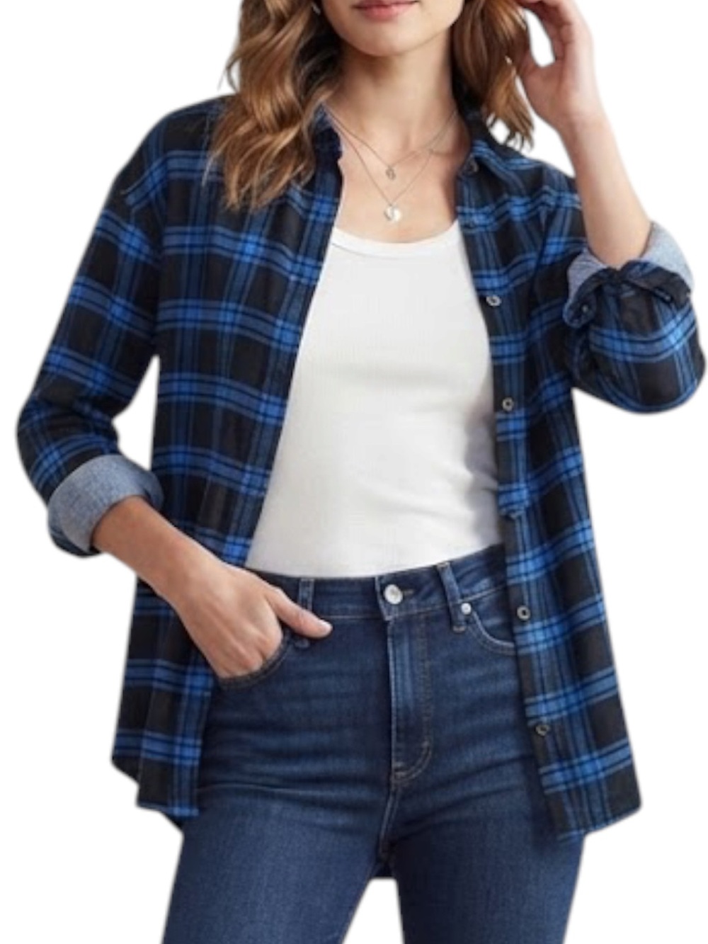 Aritzia Community Linen Blend Navy Plaid Button Down Shirt S